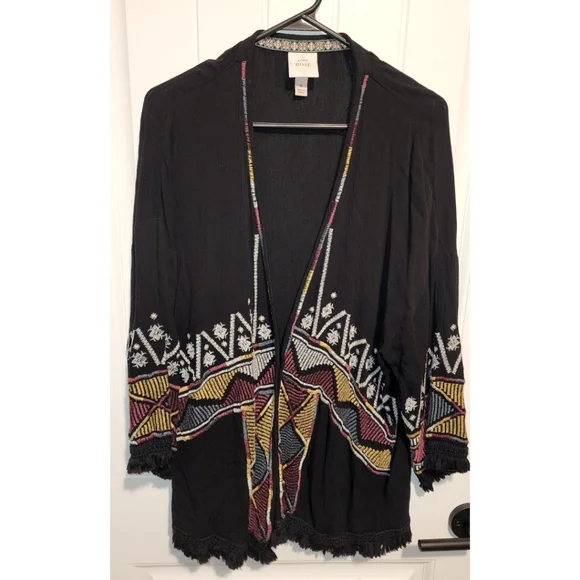 Knox Rose Size medium boho embroidered open kimono fringe black - Picture 1 of 7